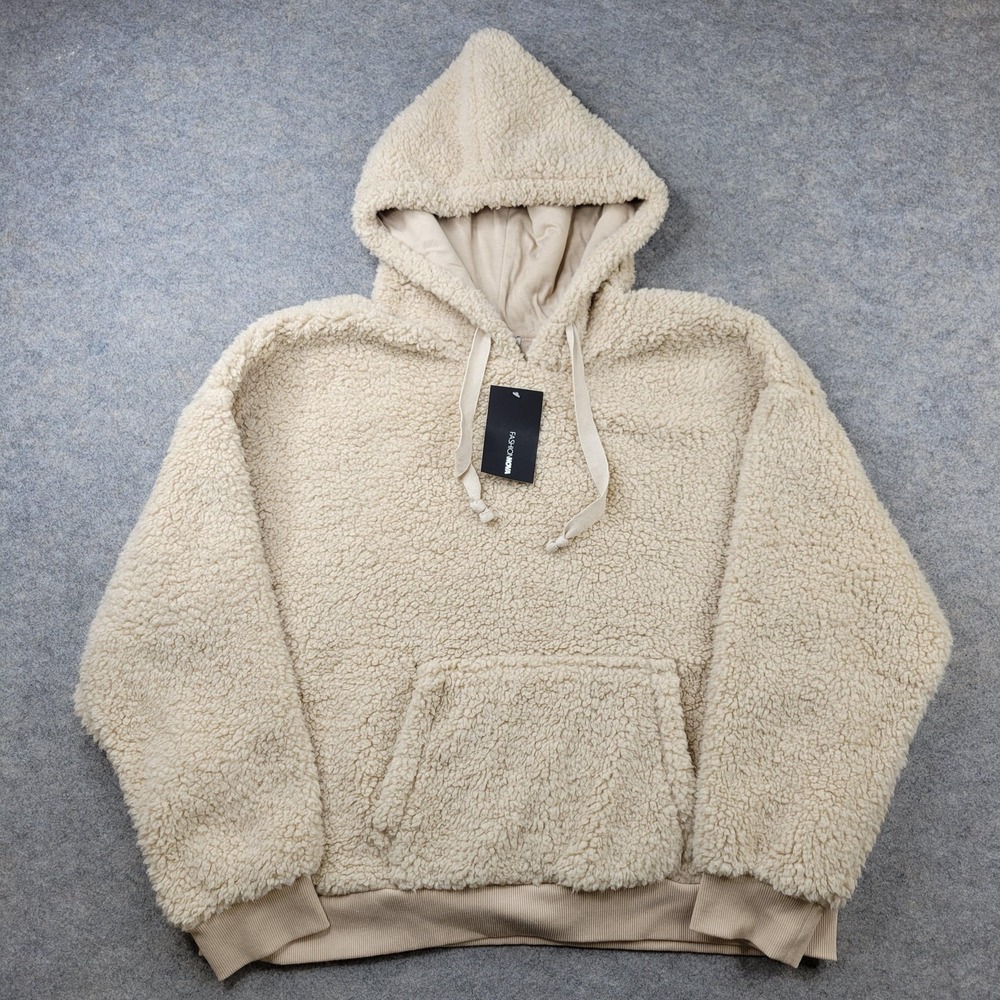 Fashion‎ Nova Hoodie Womens 2X Beige Cozy Sherpa Pullover Fleece Sweatshirt
